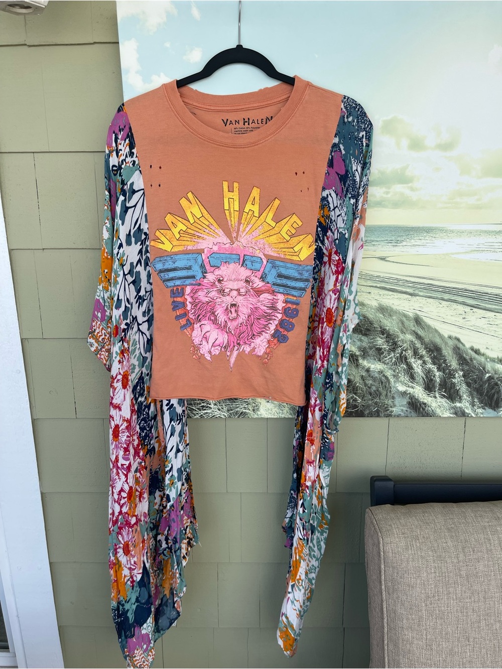 Van Halen Peach Graphic Crop Top with Floral Kimono Sleeves